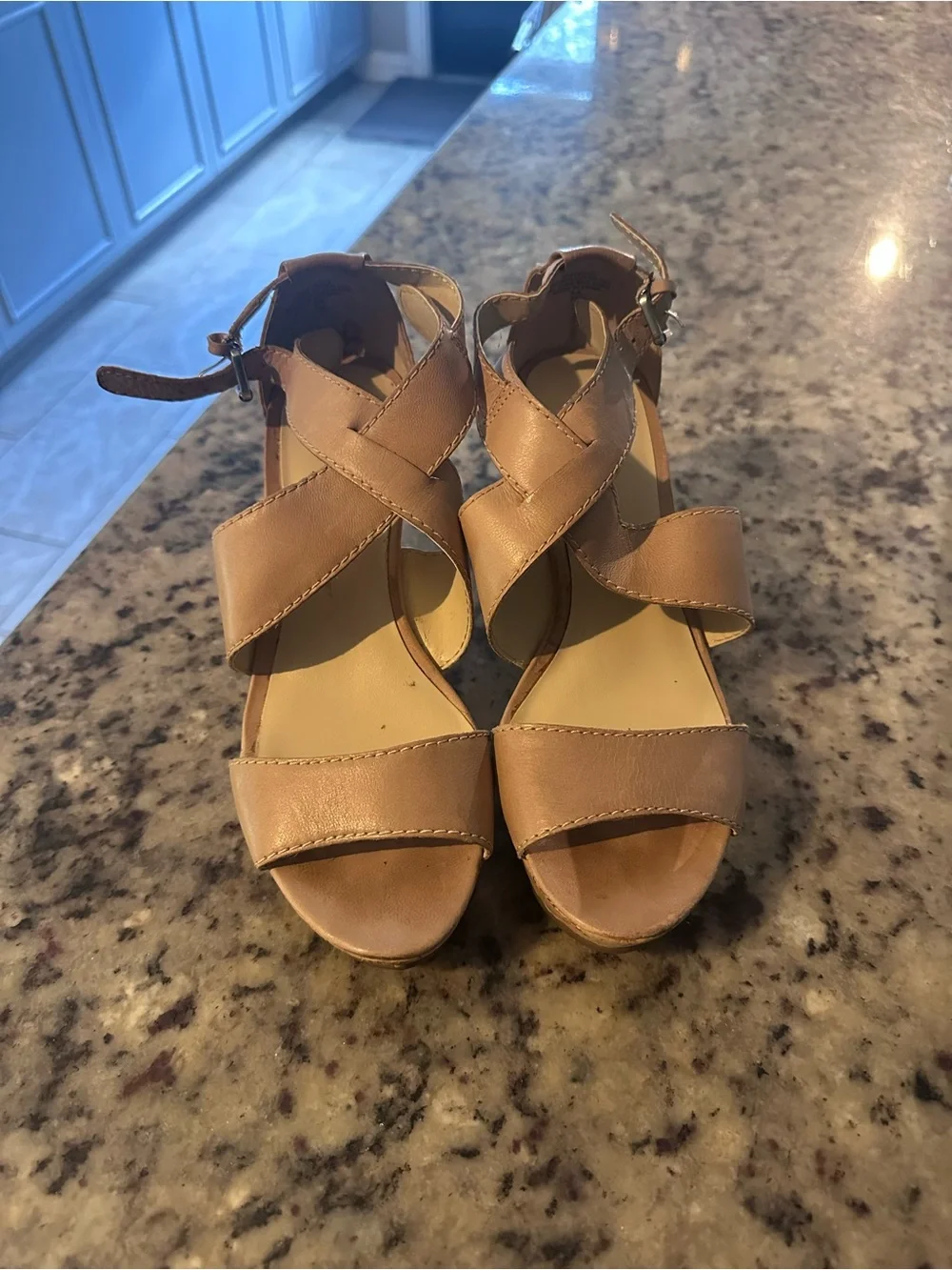 Nine West Tan Leather Crisscross Wedge Sandals